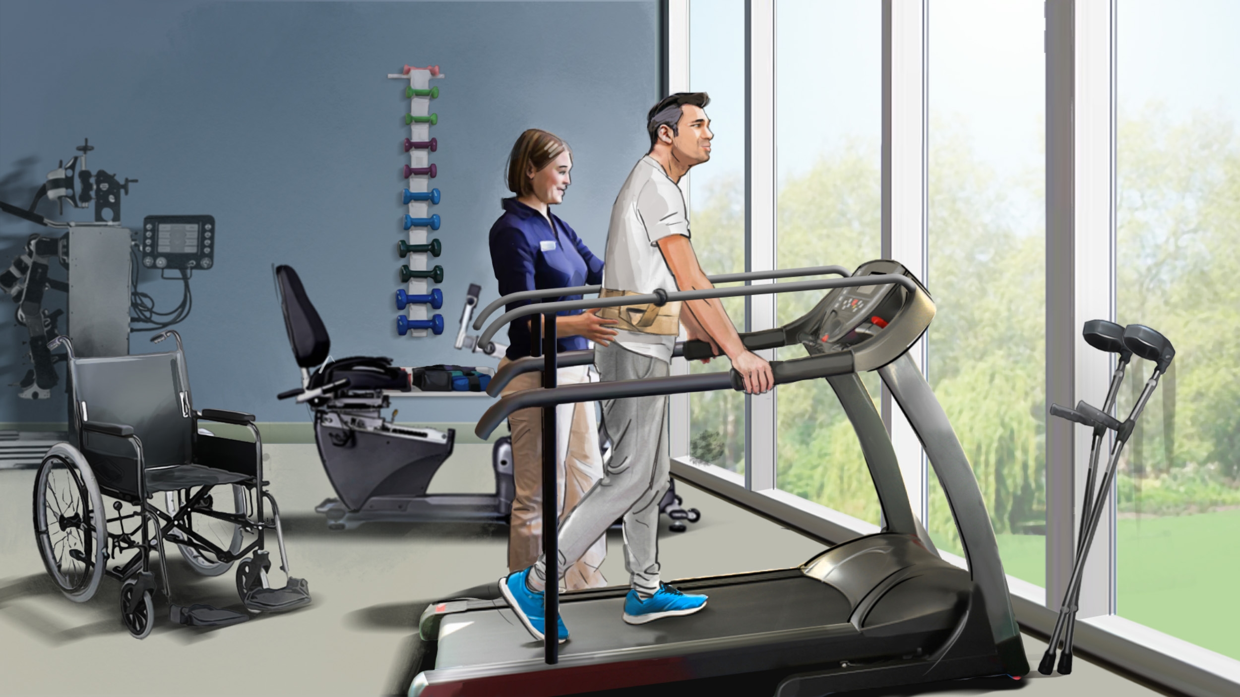 Seriously ill patient in rehab on the way to recovery