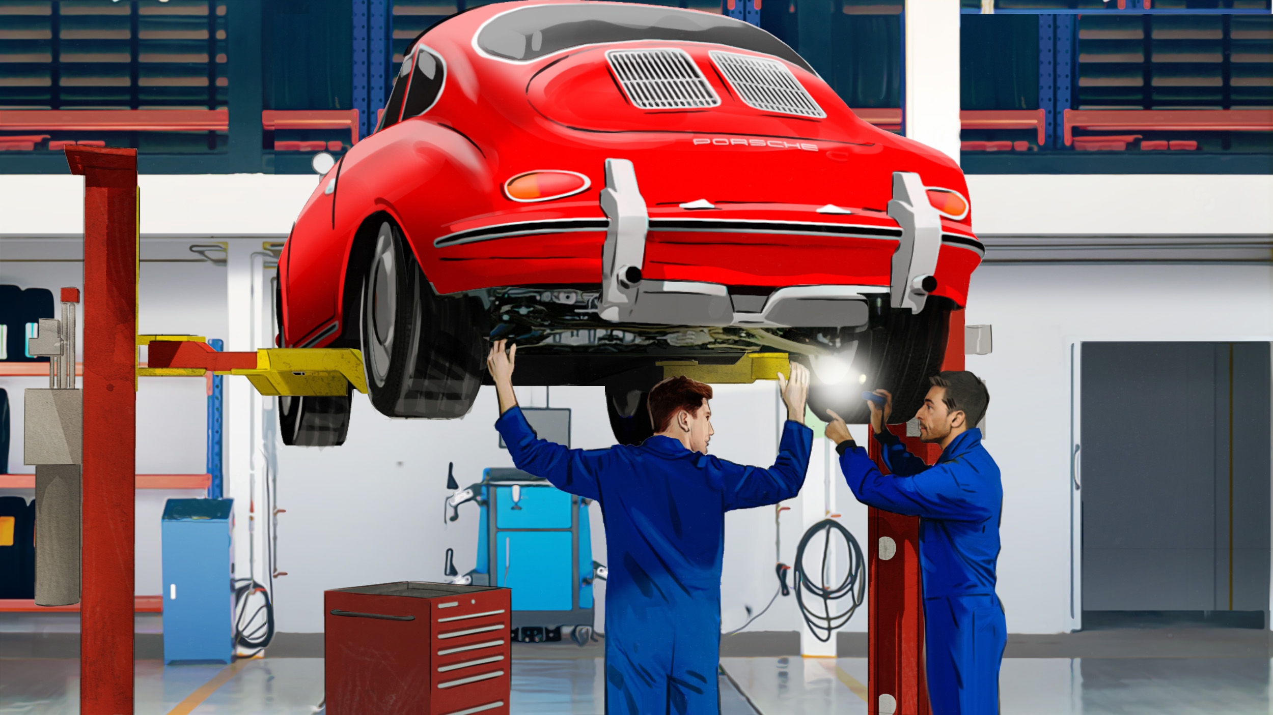 Two technicians examine a beautiful old car from below