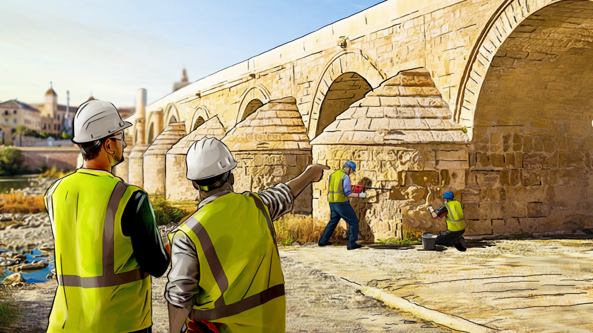 Two engineers assess the foundation of a large bridge