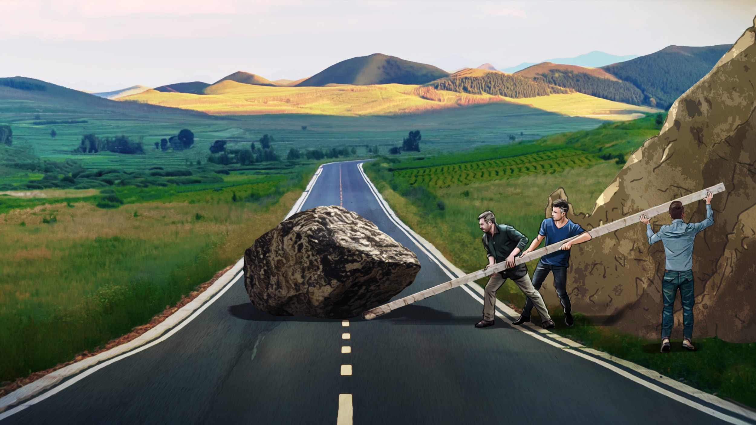 Three men move a large boulder off the road