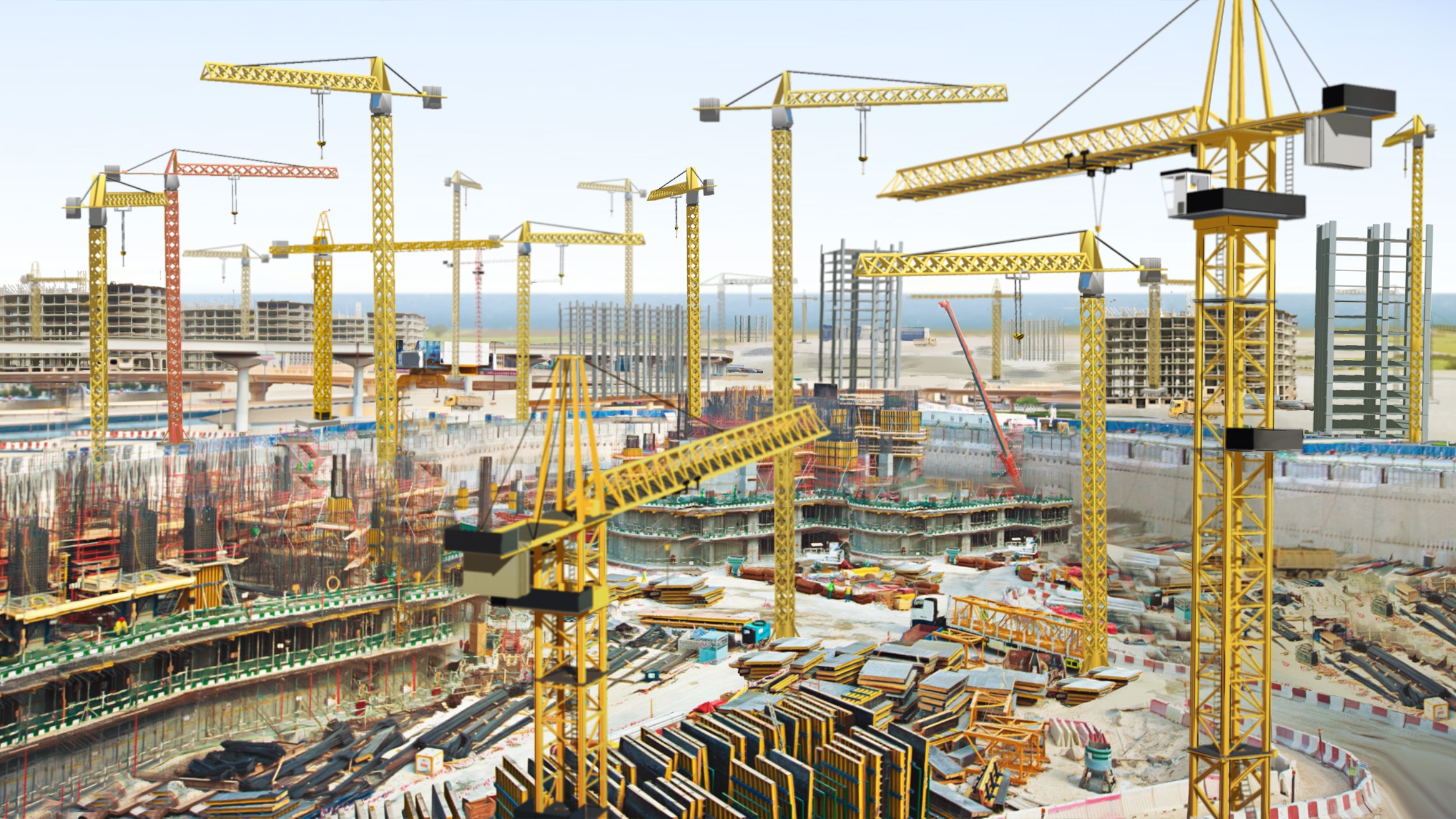 Very large and extensive construction site with many cranes and buildings