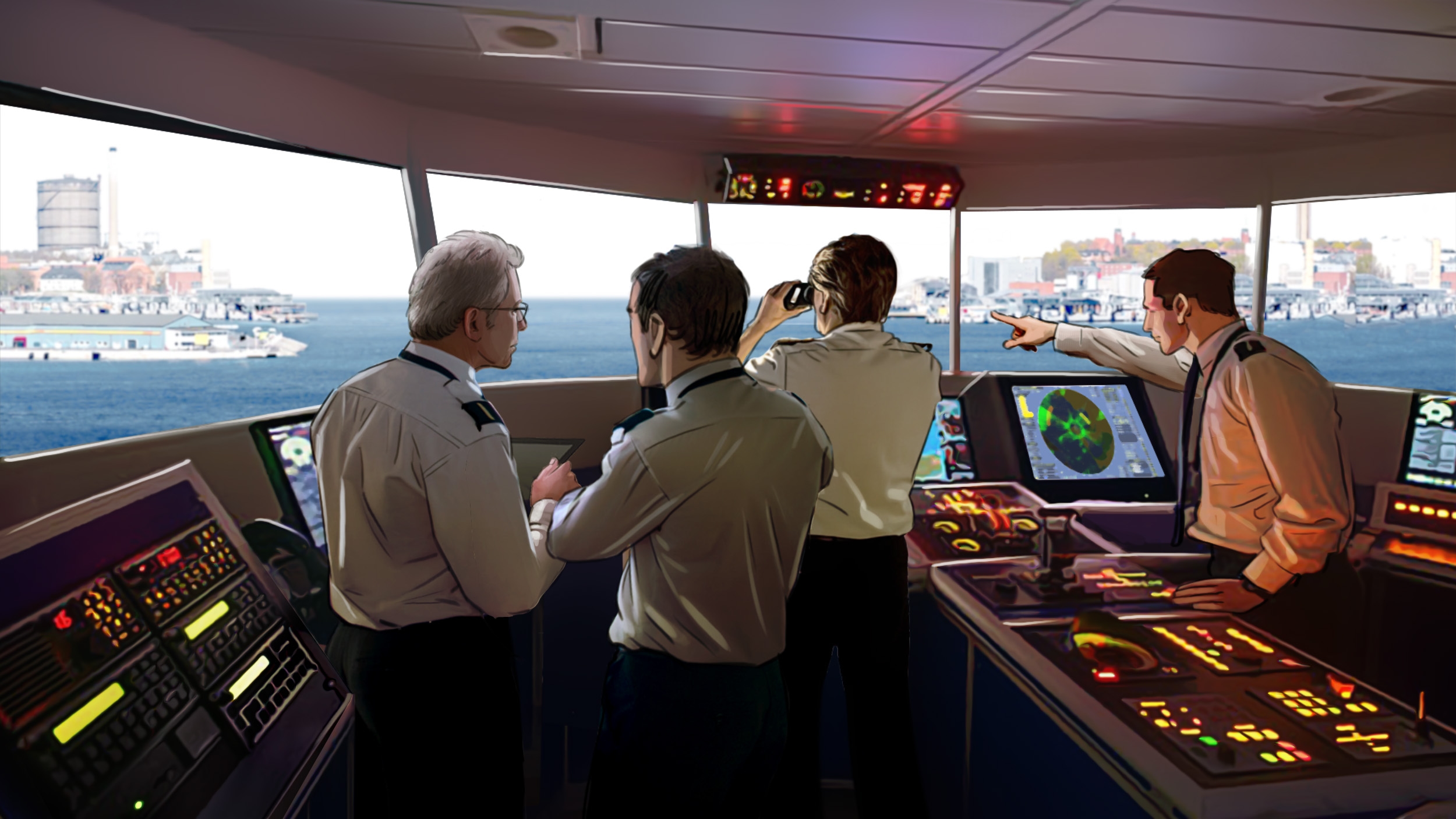 Navigation Pilot on boat shows the captain and his officers the best passage